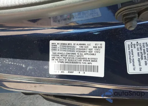 2014 Honda Odyssey Ex-L из США, поврежденный, VIN 5FNRL5H63EB008915